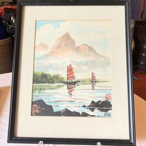 Vintage East Asian Painting Blue Green Mountain Lake with Red Junks